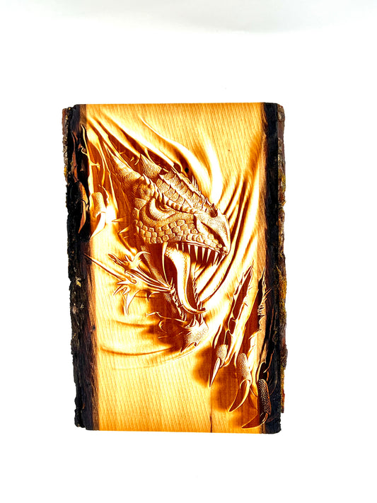 Dragon Engraved on Wood Plank