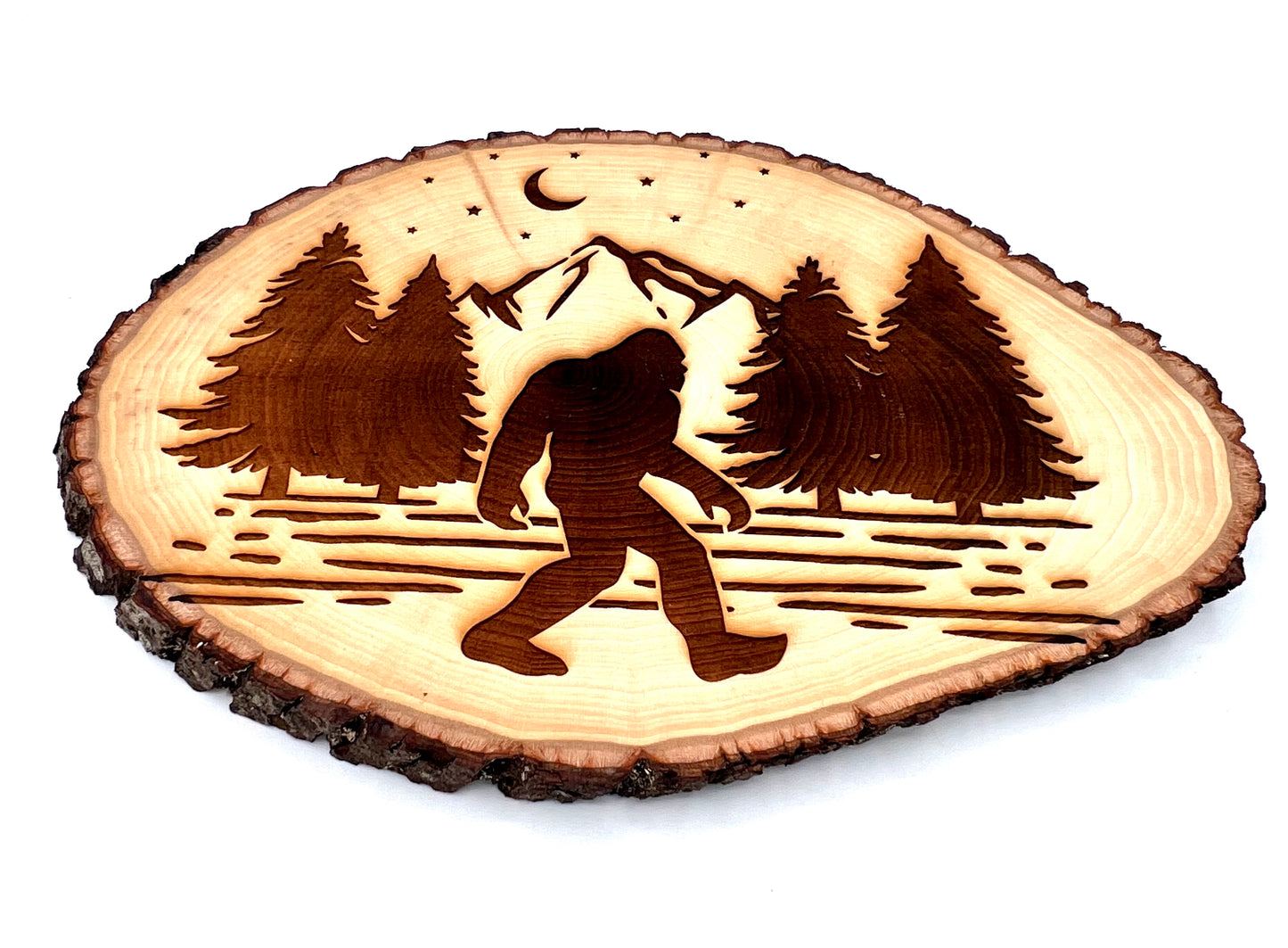 Bigfoot Sasquatch Walking in the Woods Engraved on Round Wood with Bark Edges