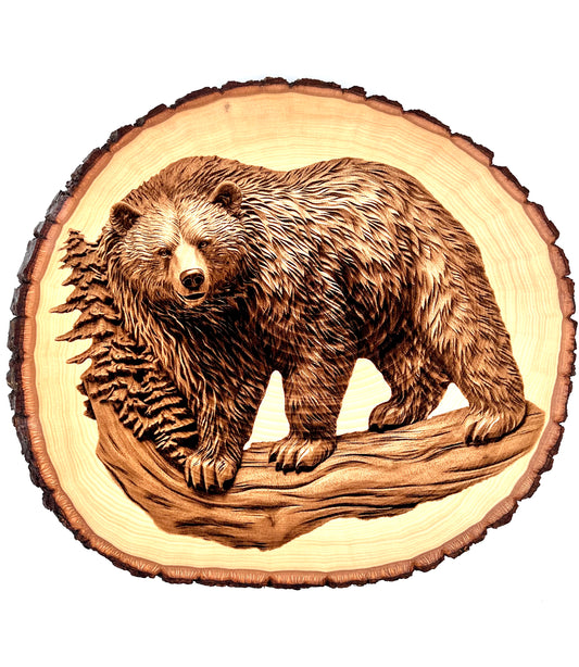 Bear Engraved on Round Wood with Bark Edges