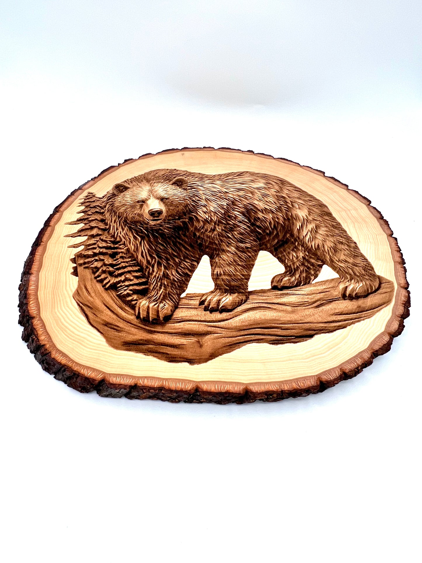 Bear Engraved on Round Wood with Bark Edges