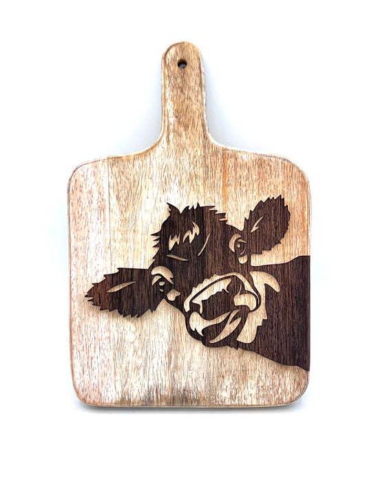 Peeking Cow Engraved on Wood Board