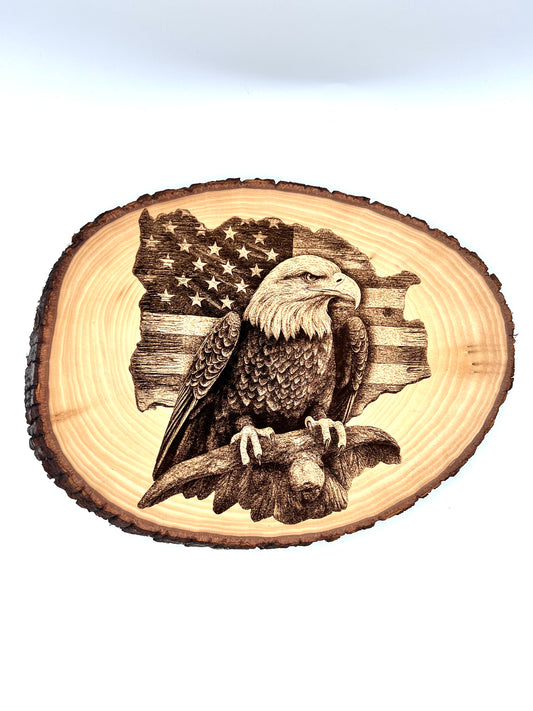American Eagle with Flag Engraved on Round Wood with Bark Edges