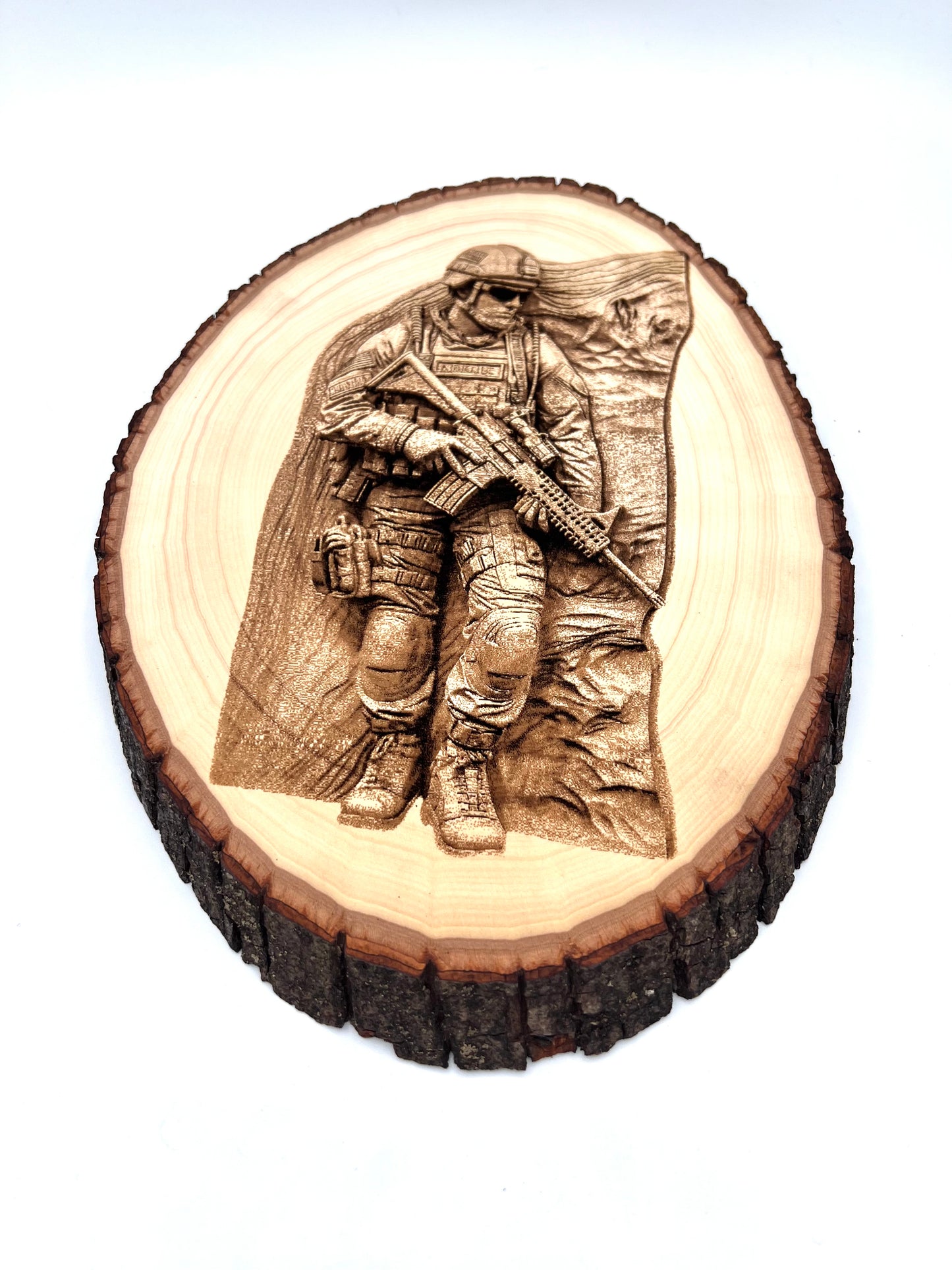 Soldier Engraved on Round Wood with Bark Edges