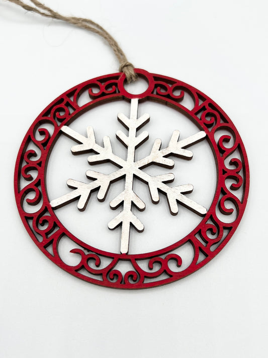 Snowflake White/Red Ornament