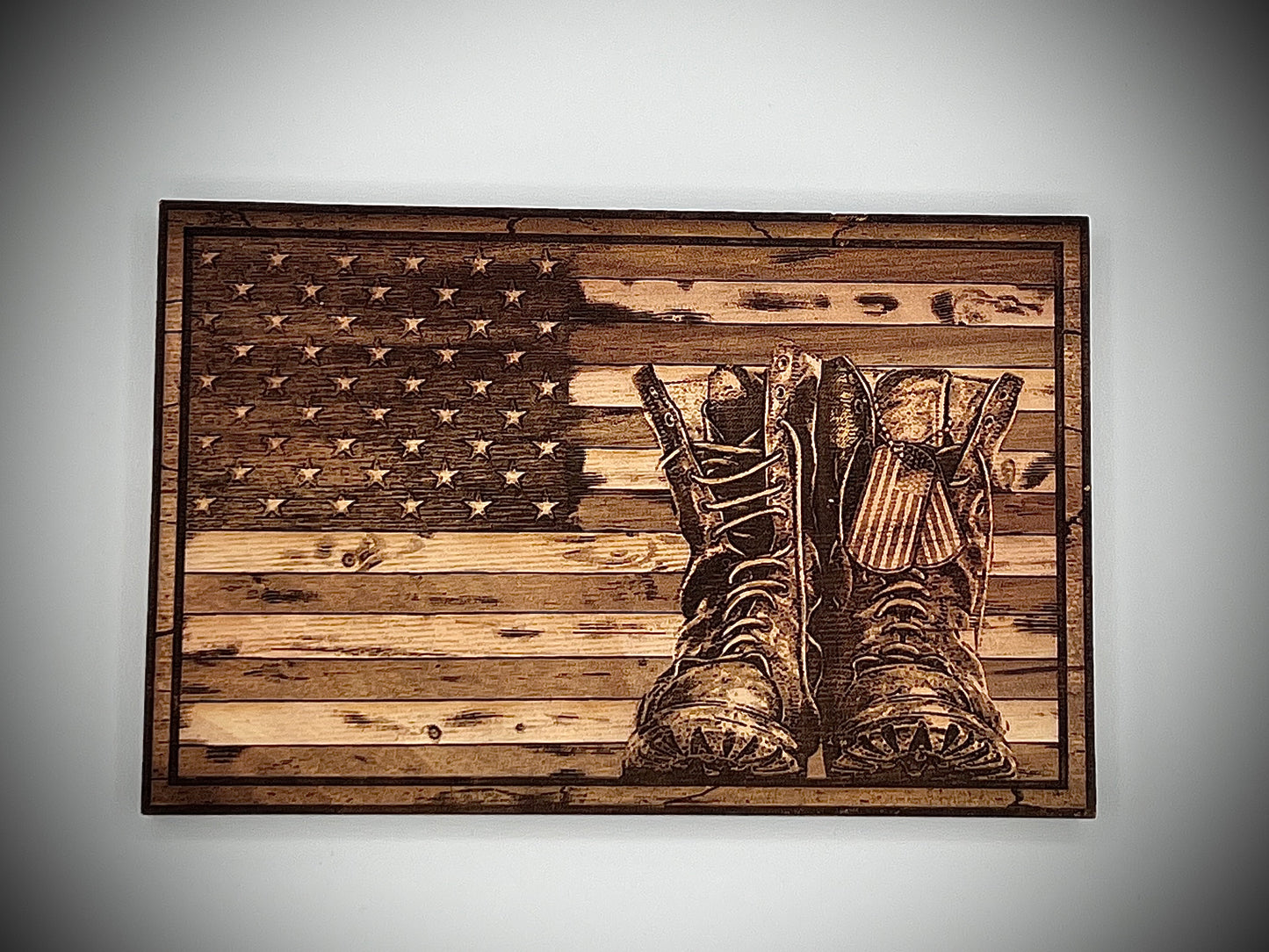 American Flag, Army Boots, Wood Engraved