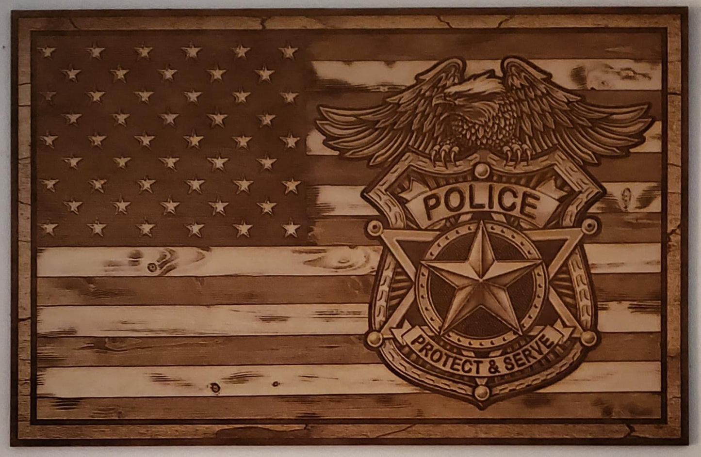 American Flag, Police, Wood Engraved