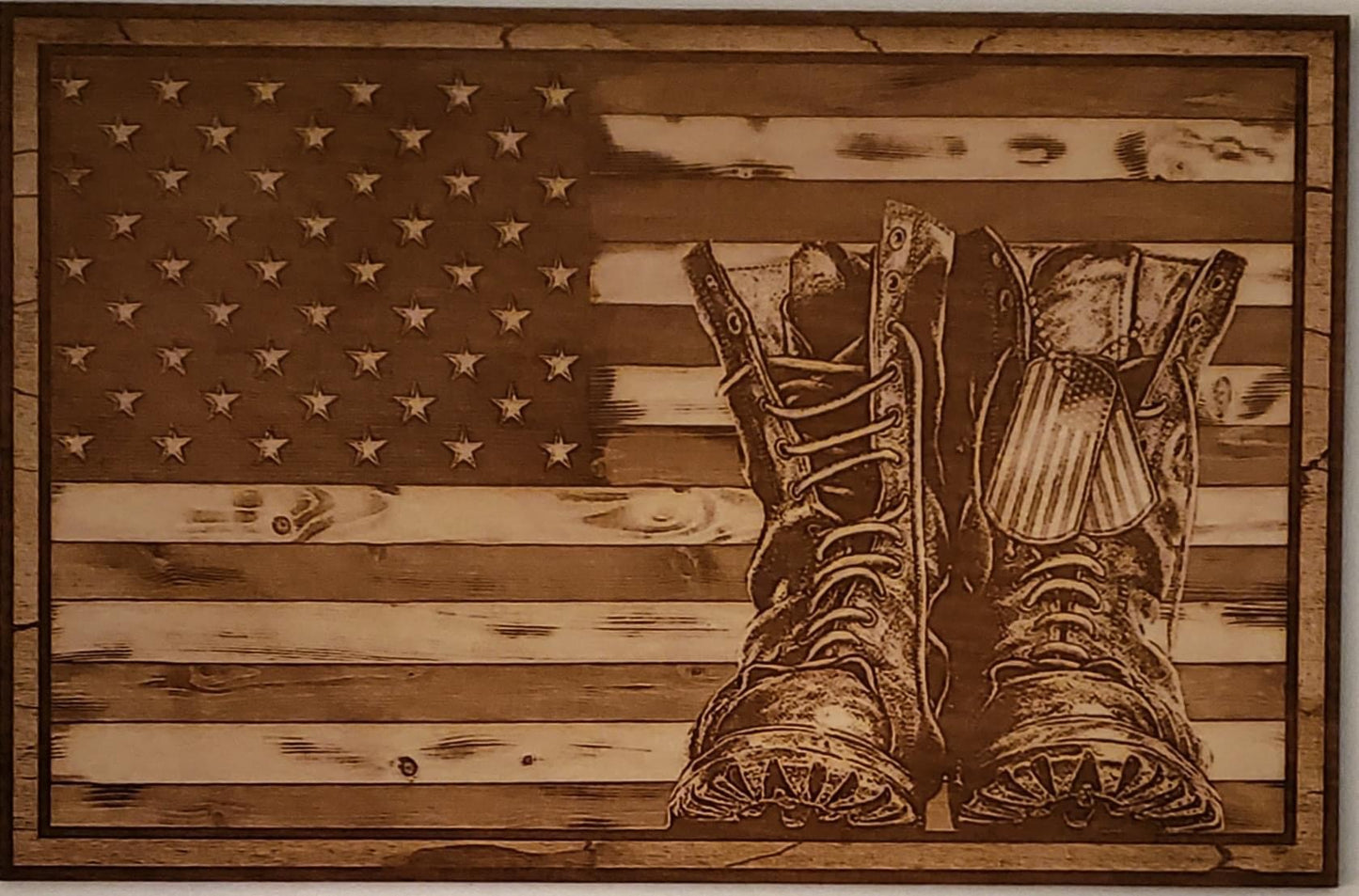 American Flag, Army Boots, Wood Engraved