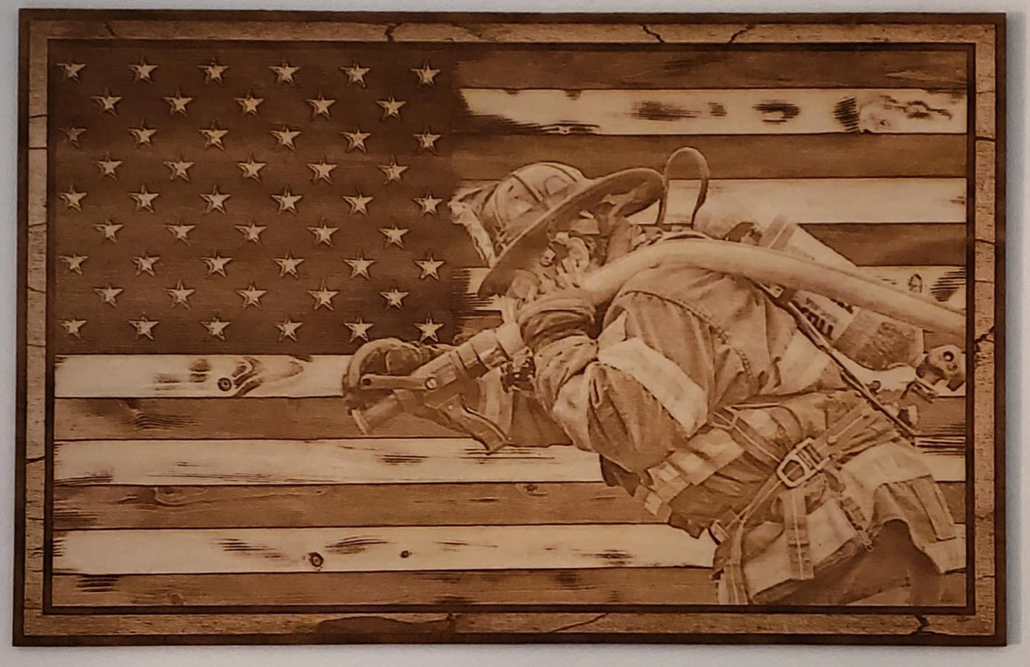American Flag, Fireman, Wood Engraved
