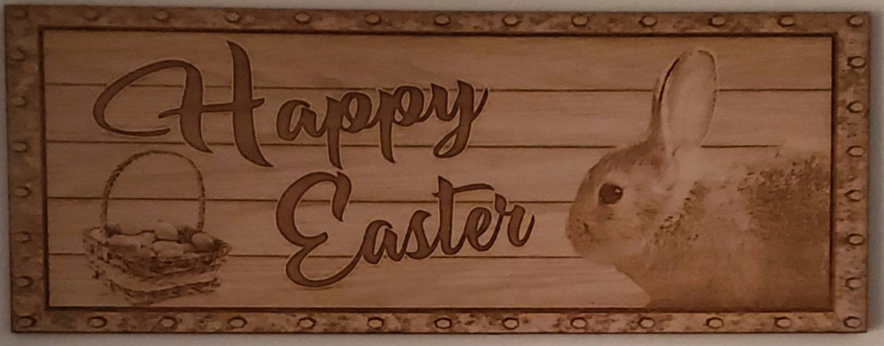 Happy Easter Sign, Wood Engraved