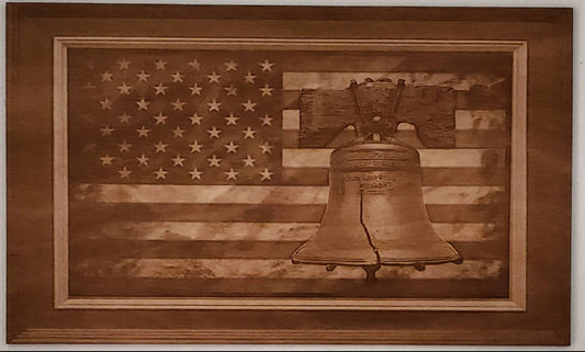 American Flag with Liberty Bell, Wood Engraved