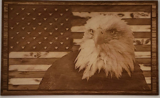 American Flag, Eagle, Wood Engraved