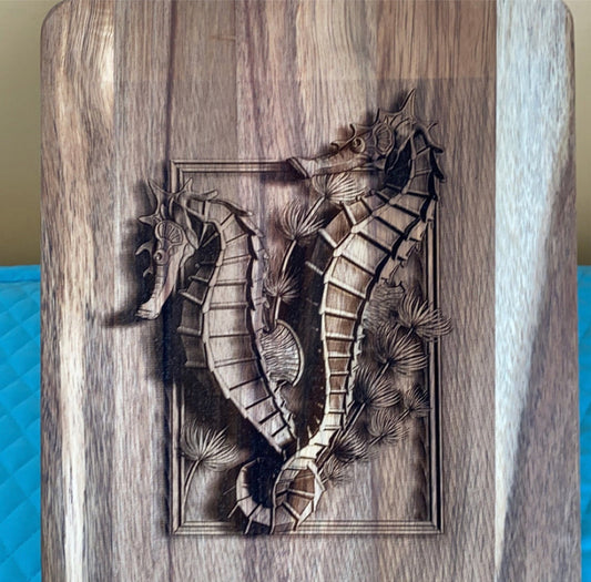 Sea Horses Engraved on Acacia Board with Handle
