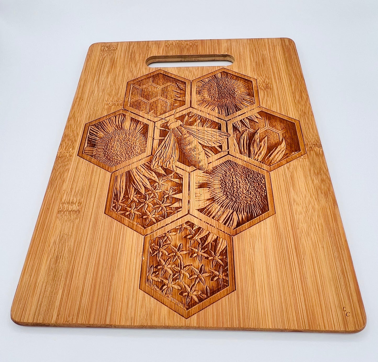 Bee Honeycomb Engraved on Bamboo Board with Handle