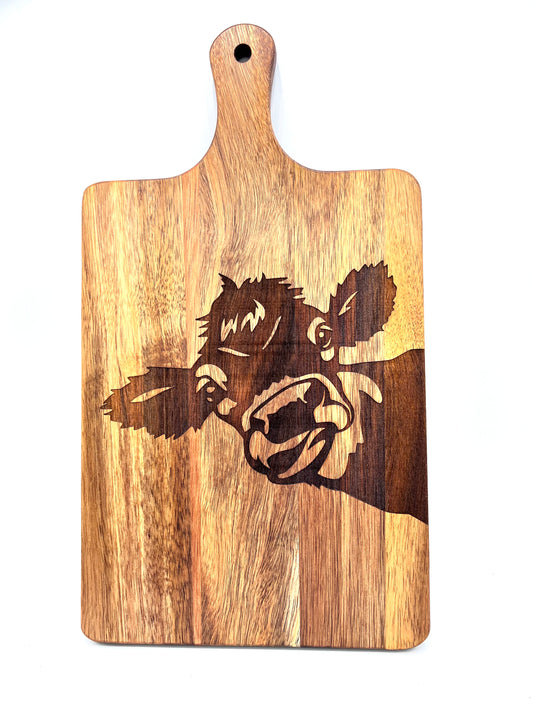 Peeking Cow Engraved on Large Acacia Board