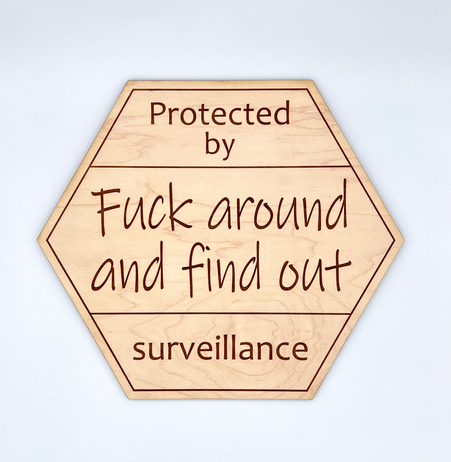 Protected By Fuck Around and Find Out Surveillance Sign, Wood Engraved