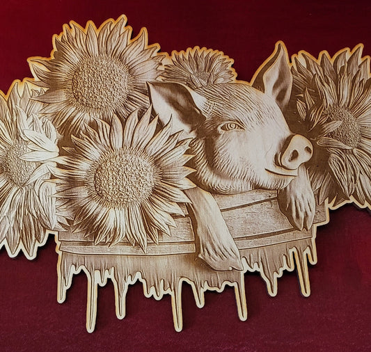 Piglet in Flowers, Wood Engraved