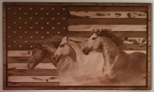 American Flag, Horses, Wood Engraved