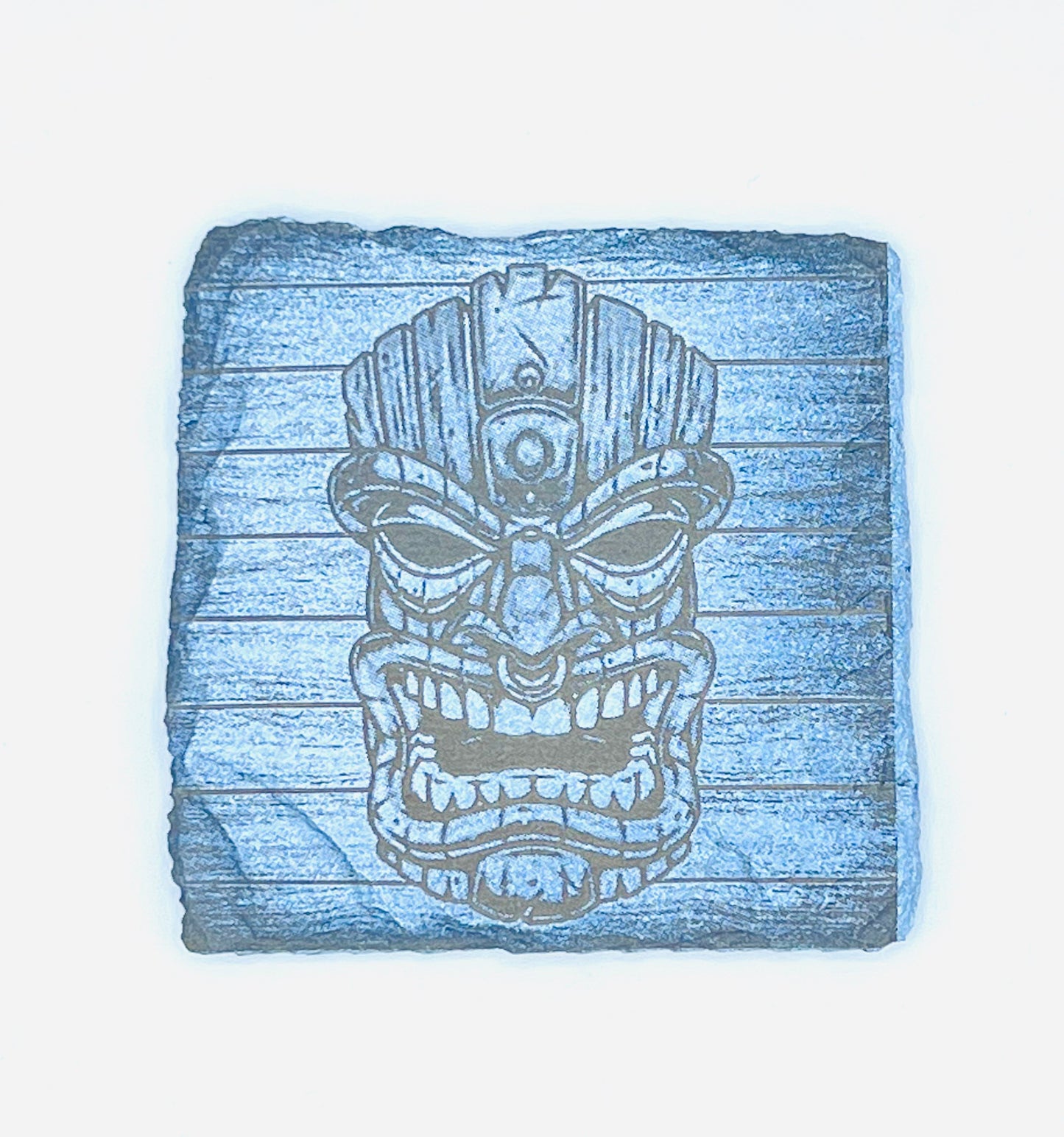 Tiki Mask Engraved on Slate Coaster Set