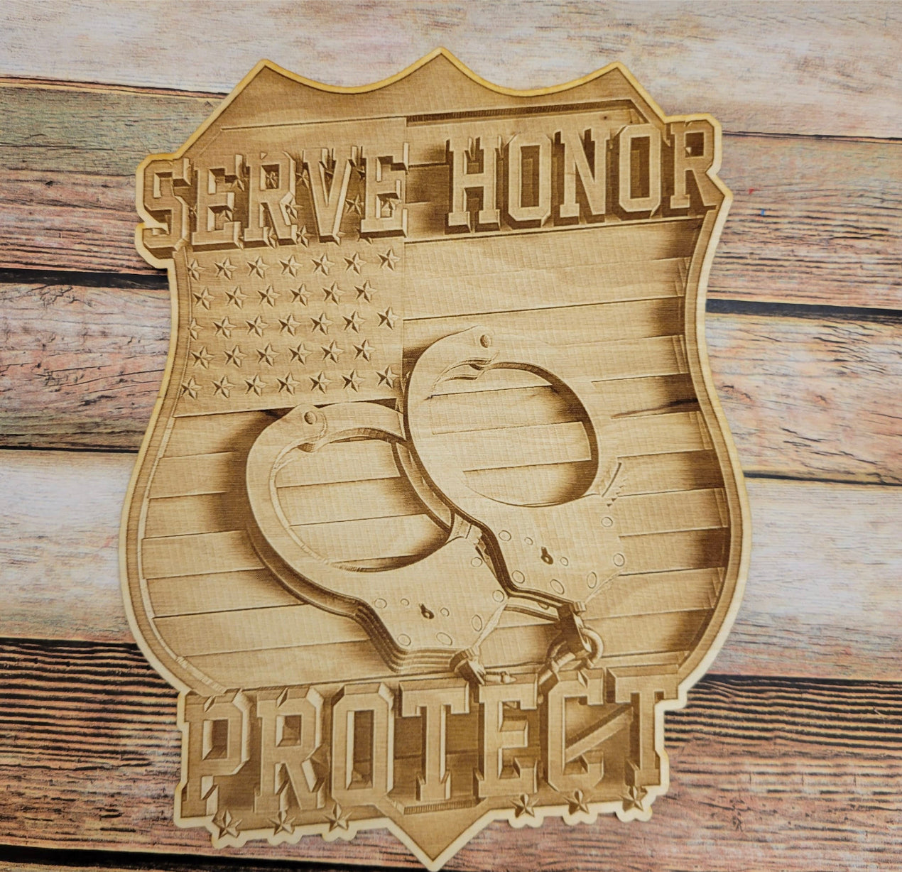 Police Law Enforcement Shield, Wood Engraved