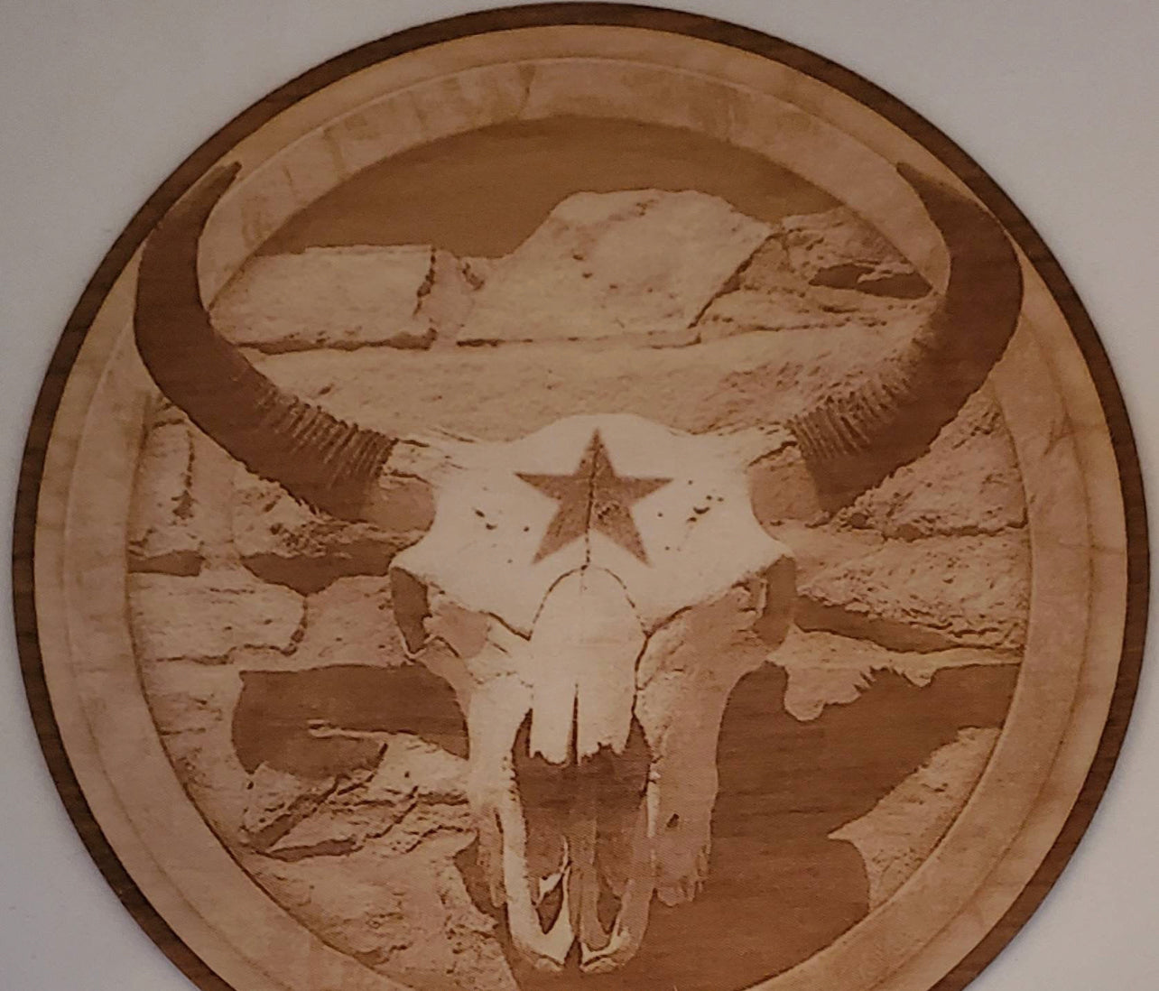 Steer Skull Decor Hanger Round, Wood Engraved
