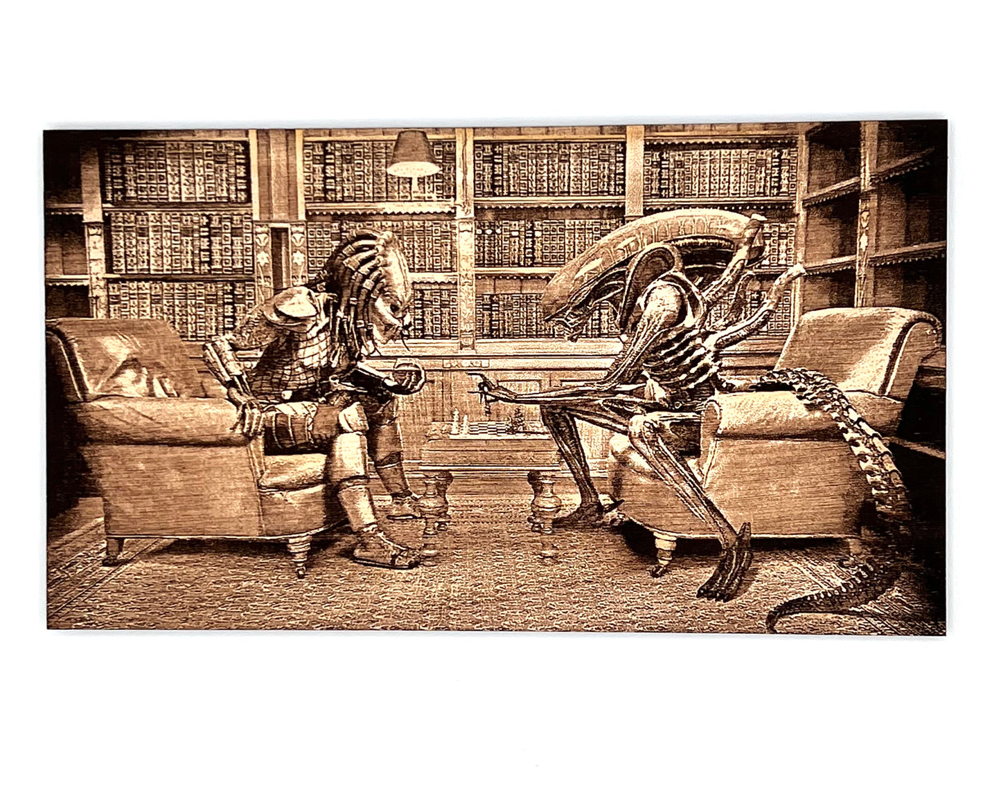 Alien vs Predator Playing Chess, Wood Engraved