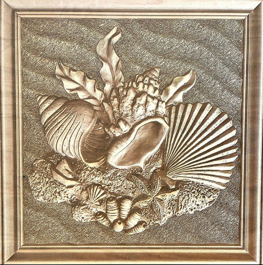 Framed Sea Shells on Sand, Wood Engraved