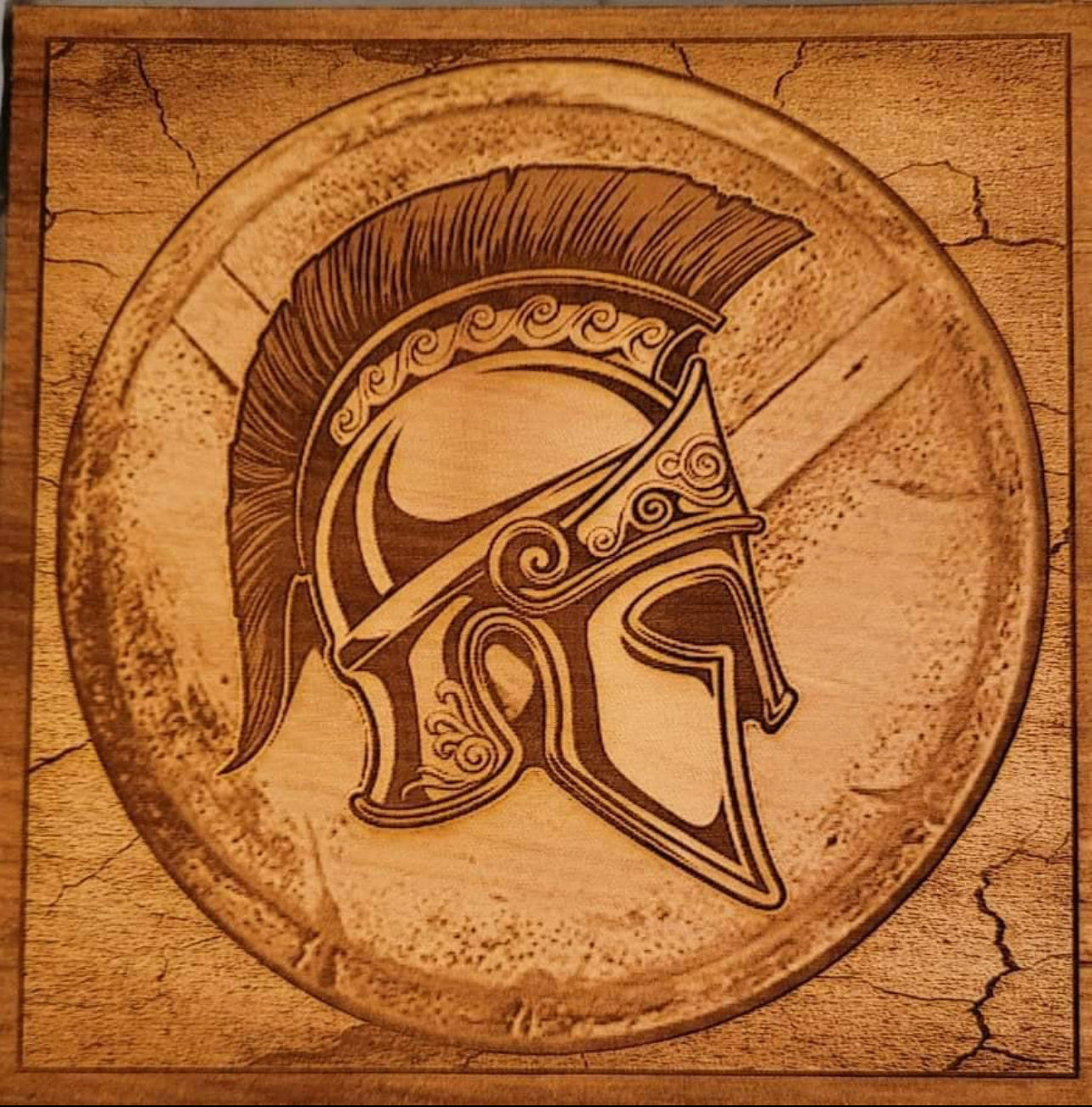 Spartan Helmet, Wood Engraved
