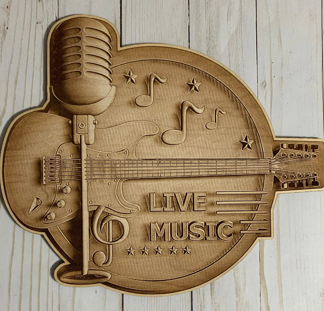 Live Music Sign, Wood Engraved
