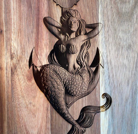 Mermaid on Anchor Engraved on Acacia Board with Handle
