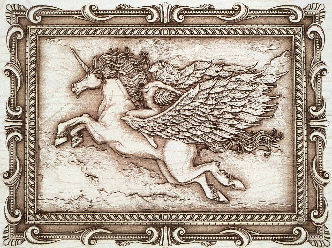 Horse-Pegasus Unicorn, Wood Engraved