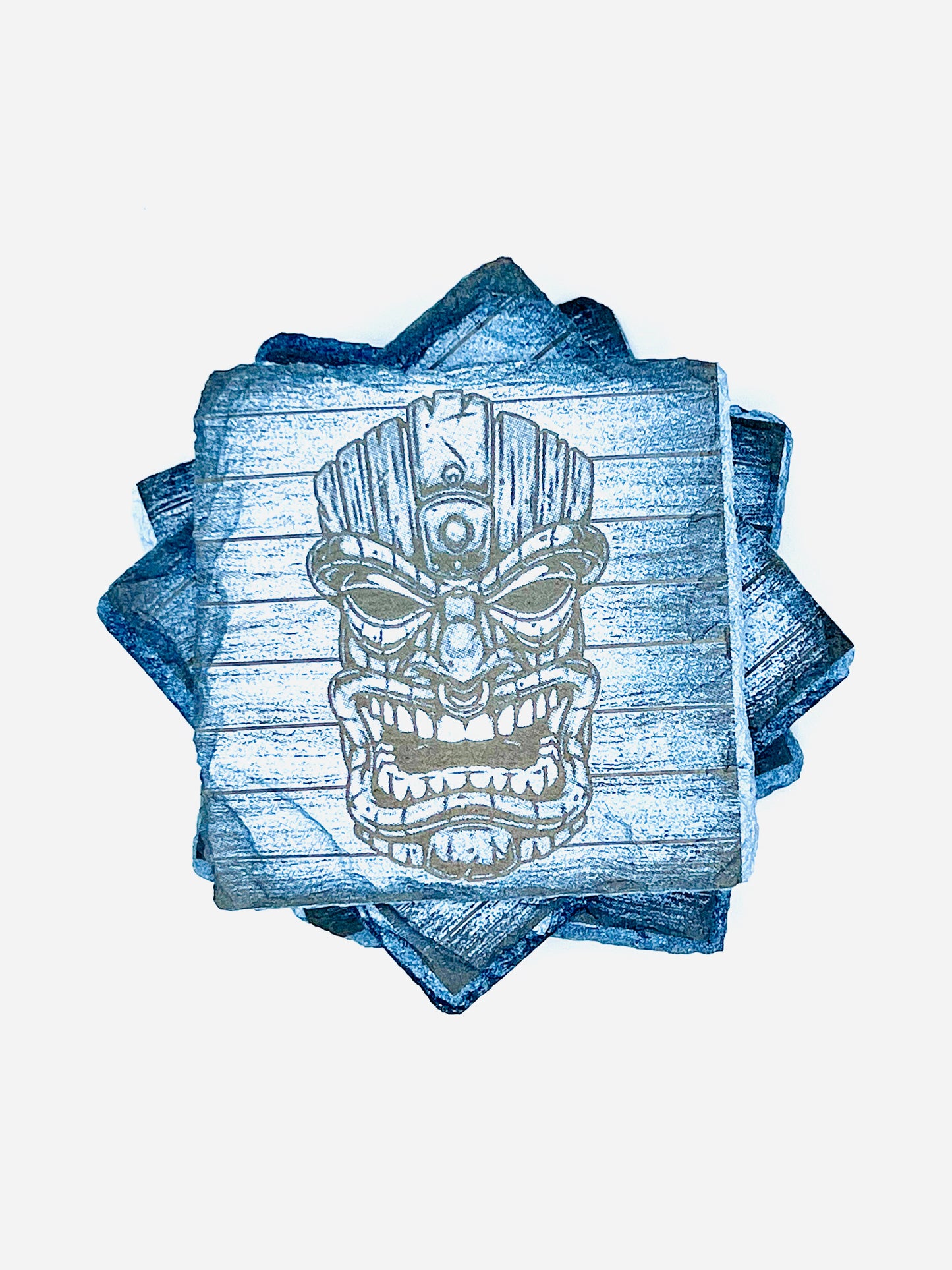 Tiki Mask Engraved on Slate Coaster Set