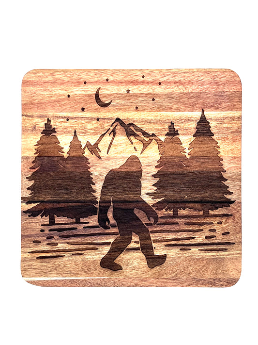 Bigfoot Sasquatch Walking in the Woods Engraved on Acacia Wood